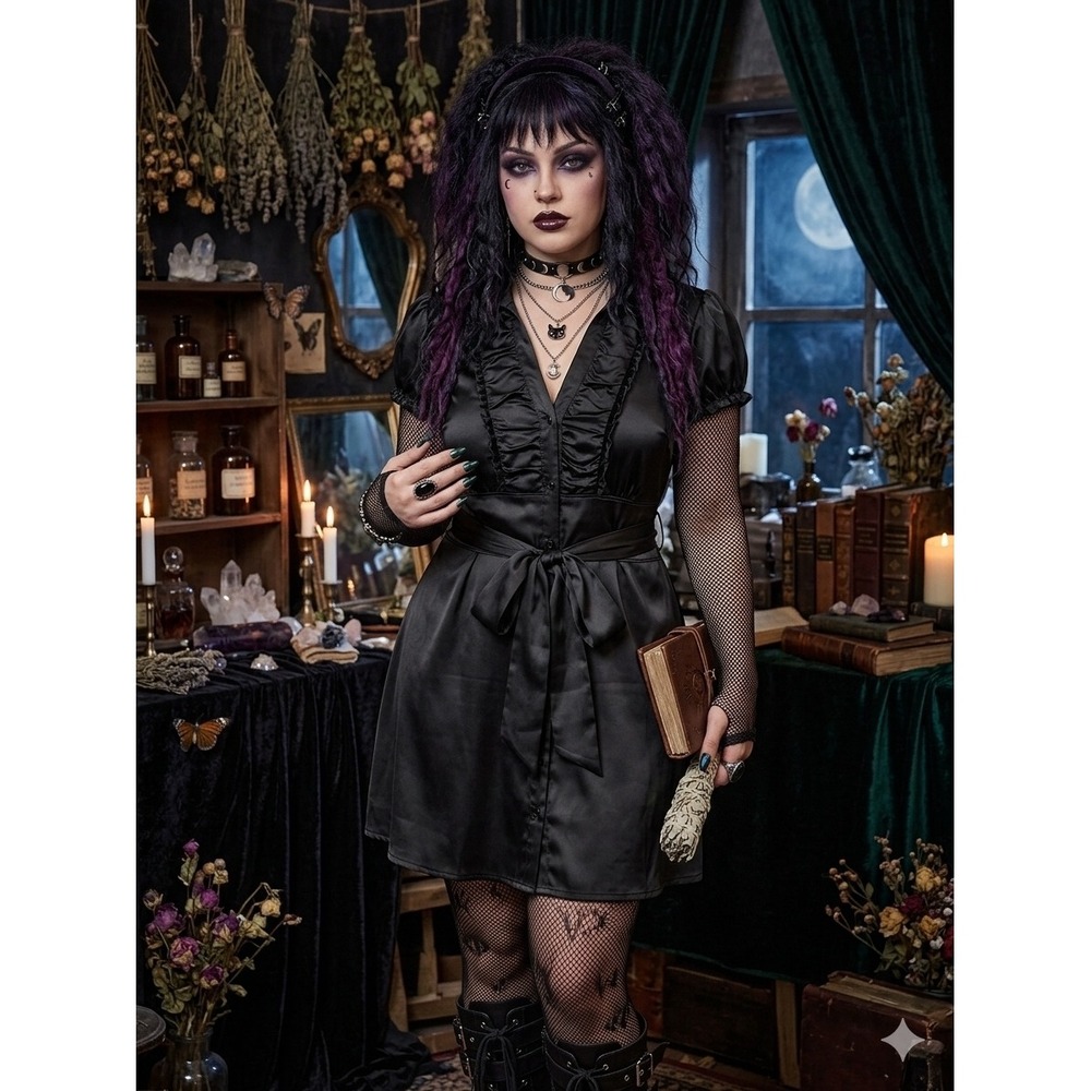 VTG Y2K Black Satin Mini Shirtdress Puff Sleeve Tie Waist L Whimsigoth Witchcore